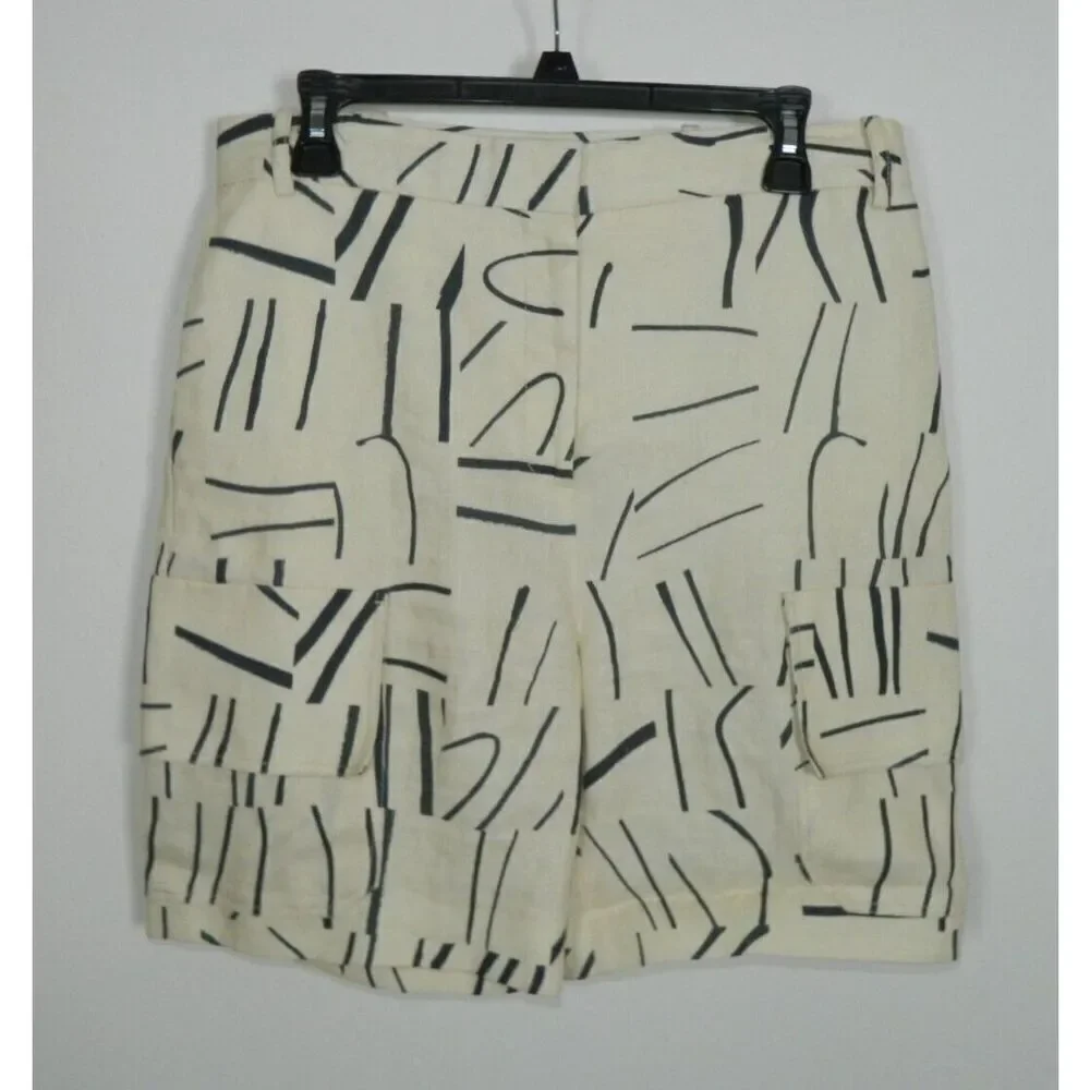 Victoria Beckman Shorts Size 6 Ivory Black Linen Cargo‎ Abstract Print
